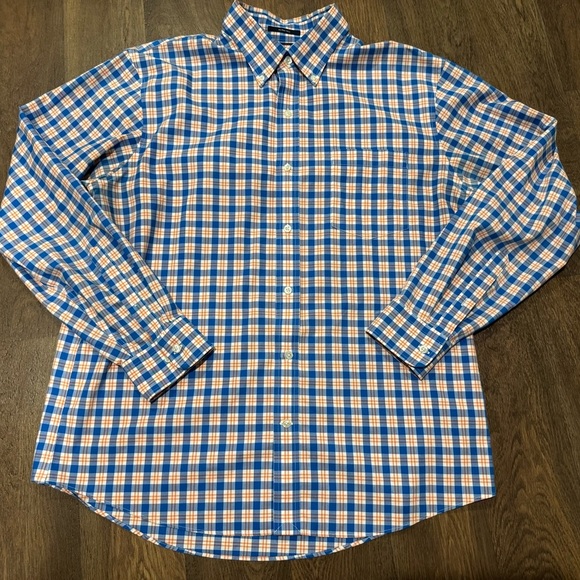Land’s End Traditional Fit No Iron Twill Shirt Blue Orange Plaid Size Large - Picture 2 of 9